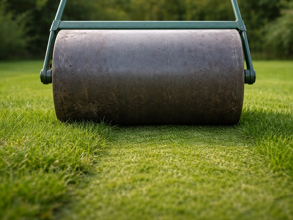 Een gazonwals die het gras vlakdrukt, met zicht op de rol en het geëgaliseerde oppervlak.