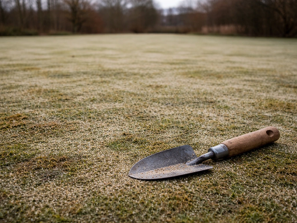Wintergazon met dunne, net aangebrachte afwerking na walsen en zichtbare mosplekken op de grond