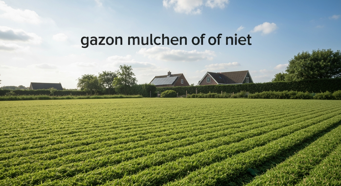 Nederlands gazon waarin een maaier in mulchmodus fijngehakt grasmaaisel terugblaast op de grasmat, close-up van groene grasmat en snippers.
