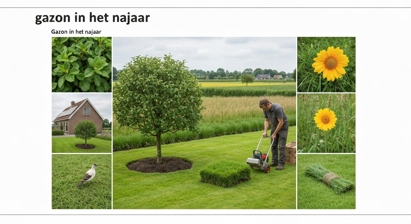 Nederlands gazon in het najaar met tuinman die verticuteert en voorbereidt op doorzaaien en bemesting
