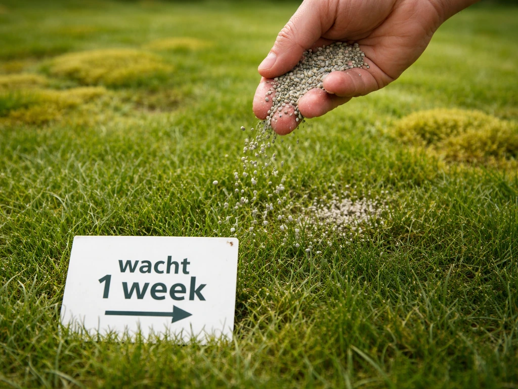 Korrelmeststof op gras, mosplekken op achtergrond en een klein kaartje dat aanduidt: wacht 1 week vóór maaien.