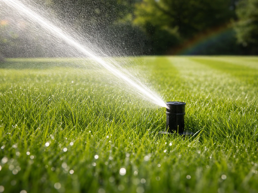 Sproeikop die direct water geeft op vers bemest gras, met waterdruppels op de grasbladen.
