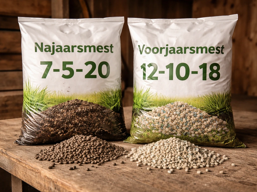Close-up van twee mestzakken met N-P-K en label voor najaars- en voorjaarsmest naast losse mestkorrels.