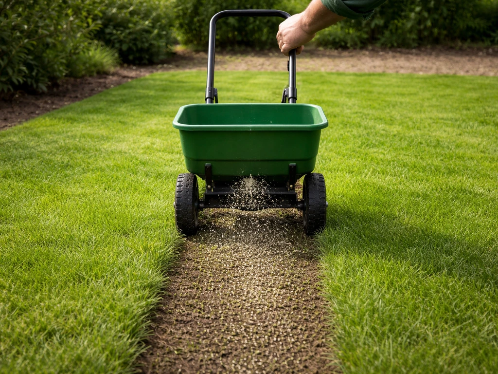 Tuinier met strooier op een open grasmat tijdens het bemesten, kleine uitgebrachte mestgift zichtbaar.