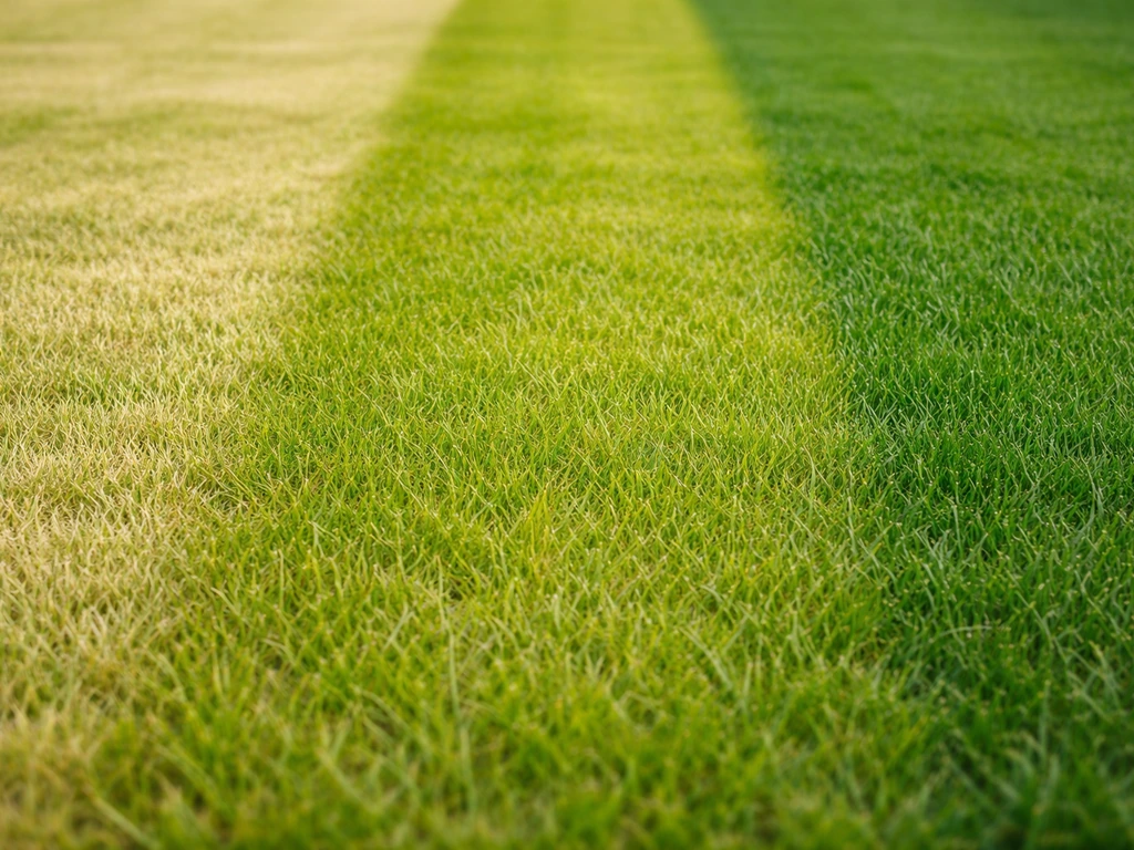 Drie stadia van gras: lichtgeel vroeg voorjaar, geelgroen overgang en gezond groen, op een rustige gazonbodem