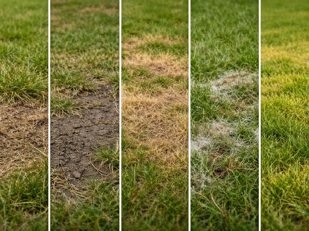 Vijf naast elkaar gefotografeerde gazon-schades: viltlaag, verdichte bodem, vorst/zoutplekken, schimmel en voedingstekor