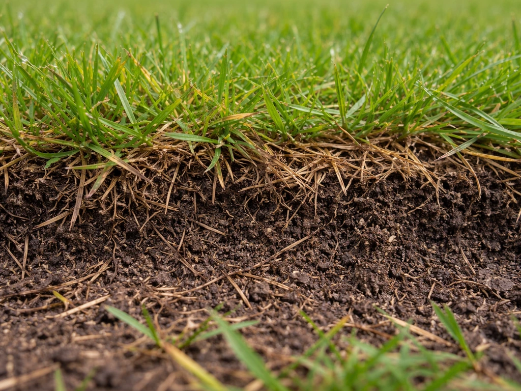 Close-up van een gazon met een zichtbare viltlaag tussen levend gras en bodem.