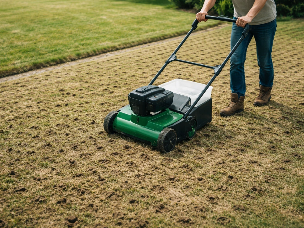 Iemand belucht het gazon met een prikrol/ beluchtingsmachine; grondpropjes liggen zichtbaar op het gras.