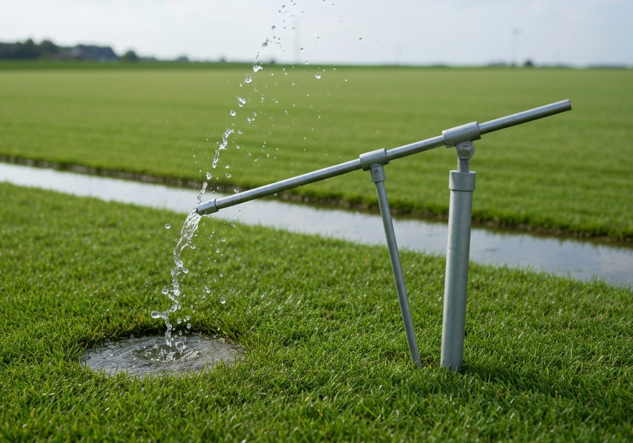 Sproeislang en beregeningsinstallatie geven net ingezaaid gazon gelijkmatig water, met zichtbare vochtige graszone.