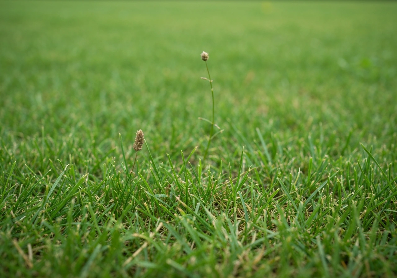 Kale plekken in een gazon na verticuteren, met ingestrooid graszaad en omliggende herstellende plekken.