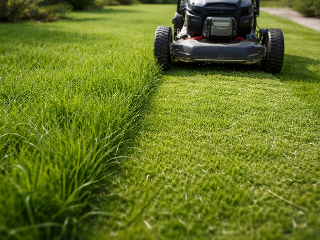 Een grasmaaier maait voor het eerst in maart: gelijkmatig, kort gras van 4–5 cm.