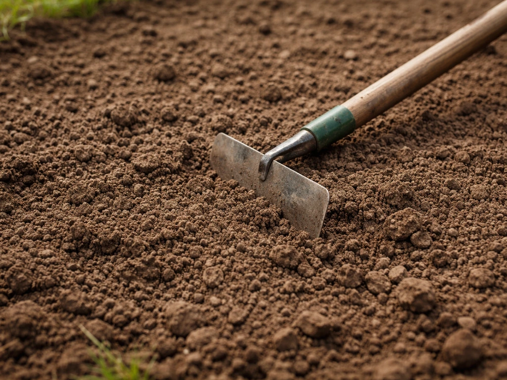 Close-up van losgemaakte gazonbodem met kruimelige grond en een tuinwieder voor een goede zaaibedbereiding
