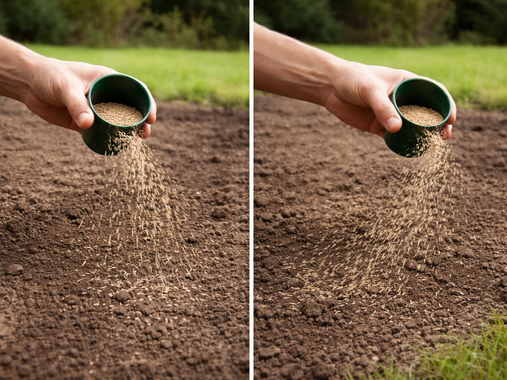Hand strooit graszaad uit over een kale tuinbodem, met een egale, minimalistische focus op het zaaimoment.