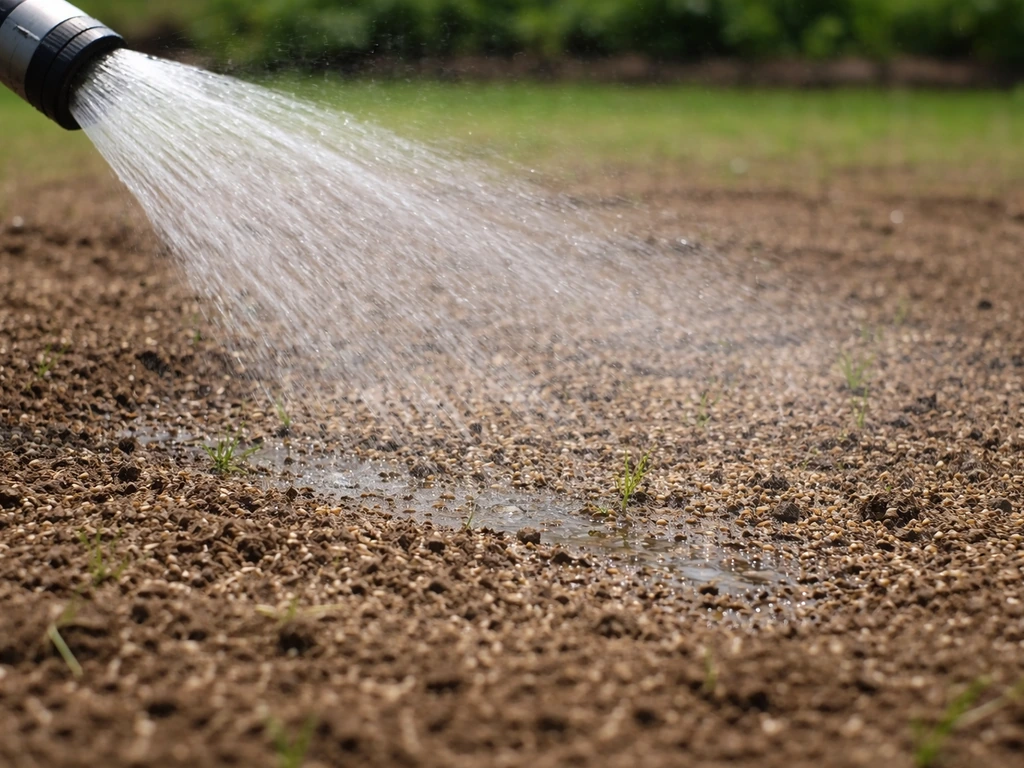 Fijne sproeier die water sproeit over pas ingezaaid gazonzaadbed om uitdroging te voorkomen