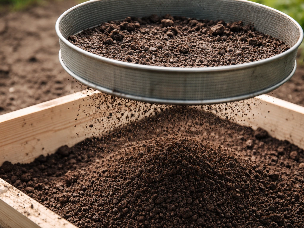 Close-up van een zeef/zeefbak met fijn gezeefde compost voor inwerking in een gazon.