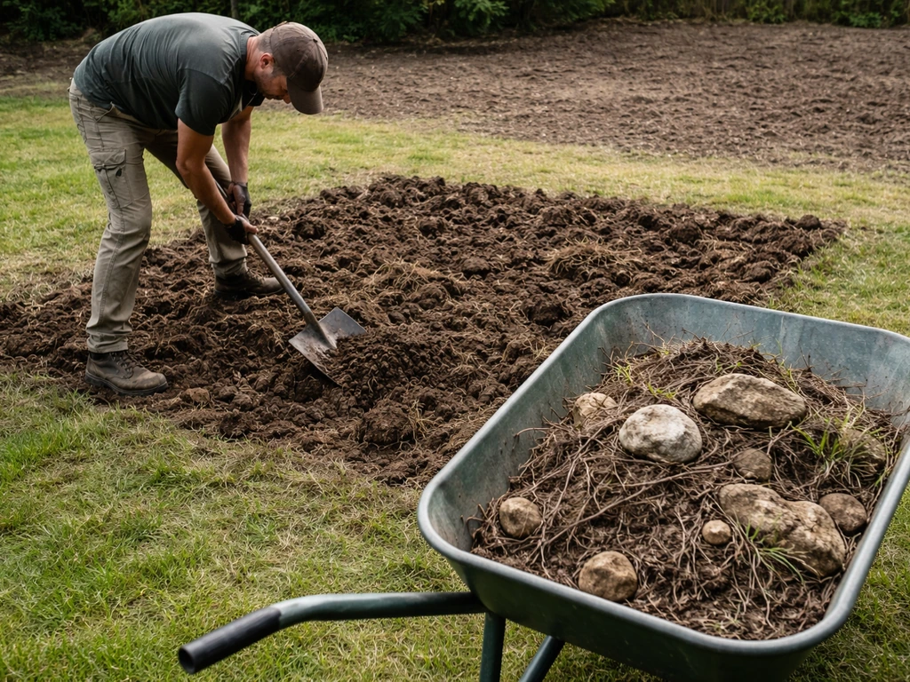 Tuinwerker werkt met spitfrees en spade; ontgraven bovenlaag met stenen en wortelresten in een kruiwagen.