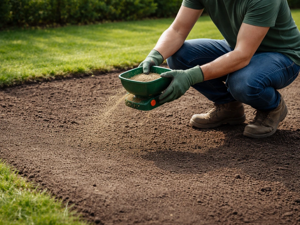 Gespannen strook grond in een tuin waar graszaad wordt uitgestrooid met een kleine strooier, met compostlaag.