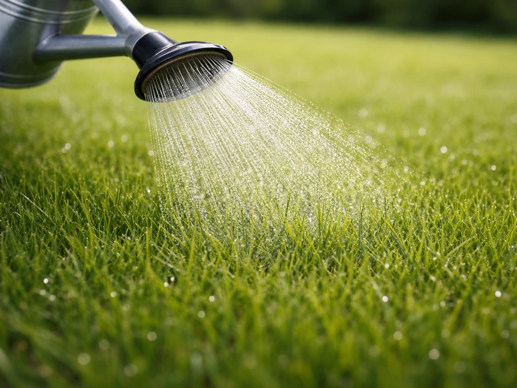 Fijne sproei-mist op vers gras; bovenste laag wordt gelijkmatig vochtig gemaakt in een tuin.