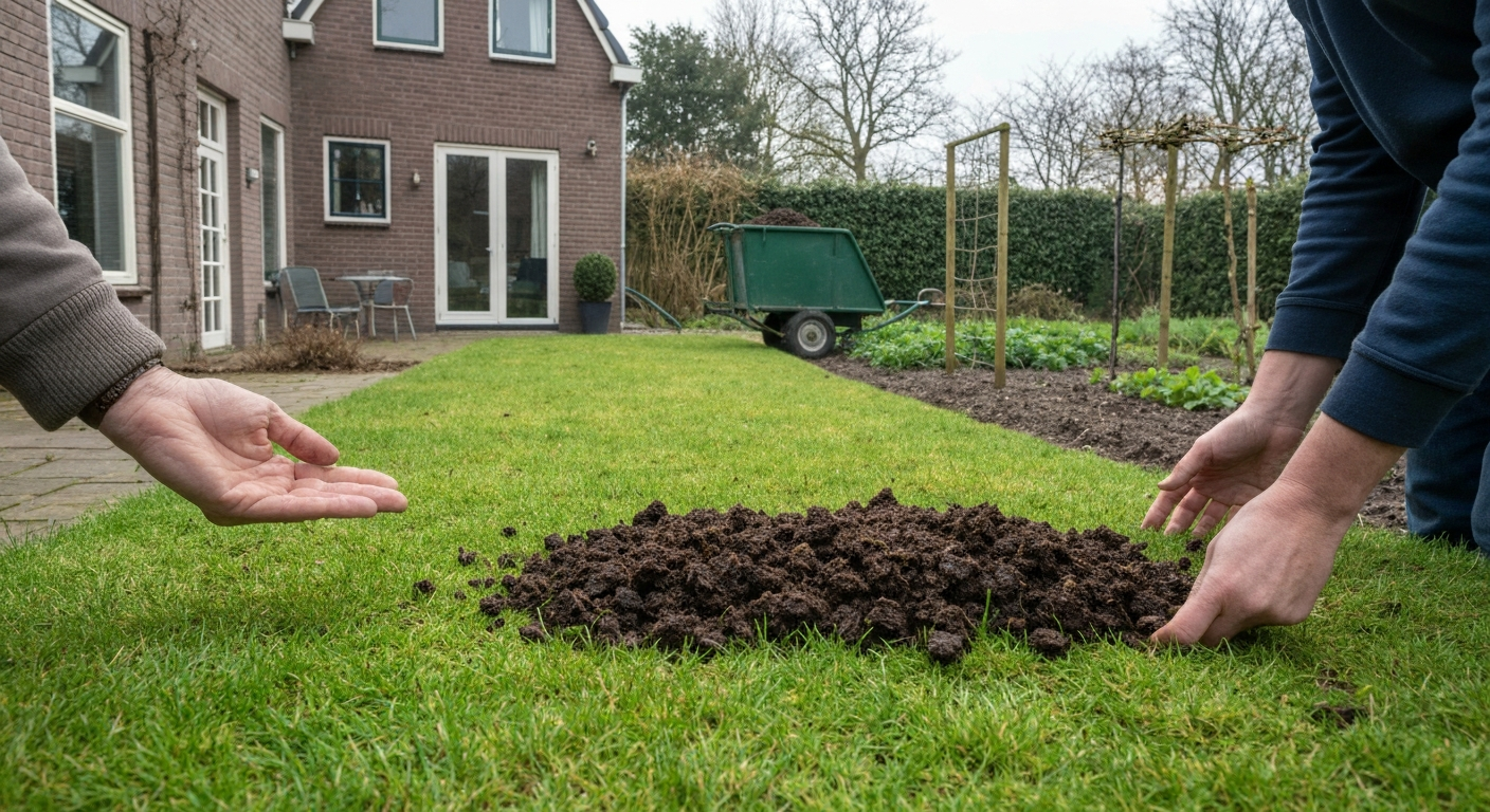 Persoon verdeelt met hark een dunne laag gerijpte paardenmestcompost op een Nederlands gazon, kruiwagen en houten schuurtje op achtergrond.