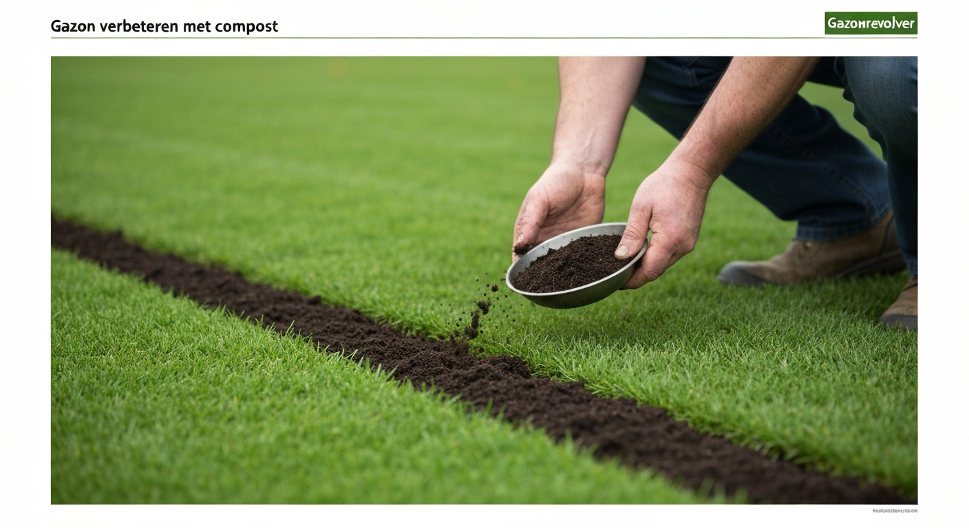 Tuinier brengt fijne compost aan als topdressing op een gezond Nederlands gazon (dunne laag 2–5 mm).