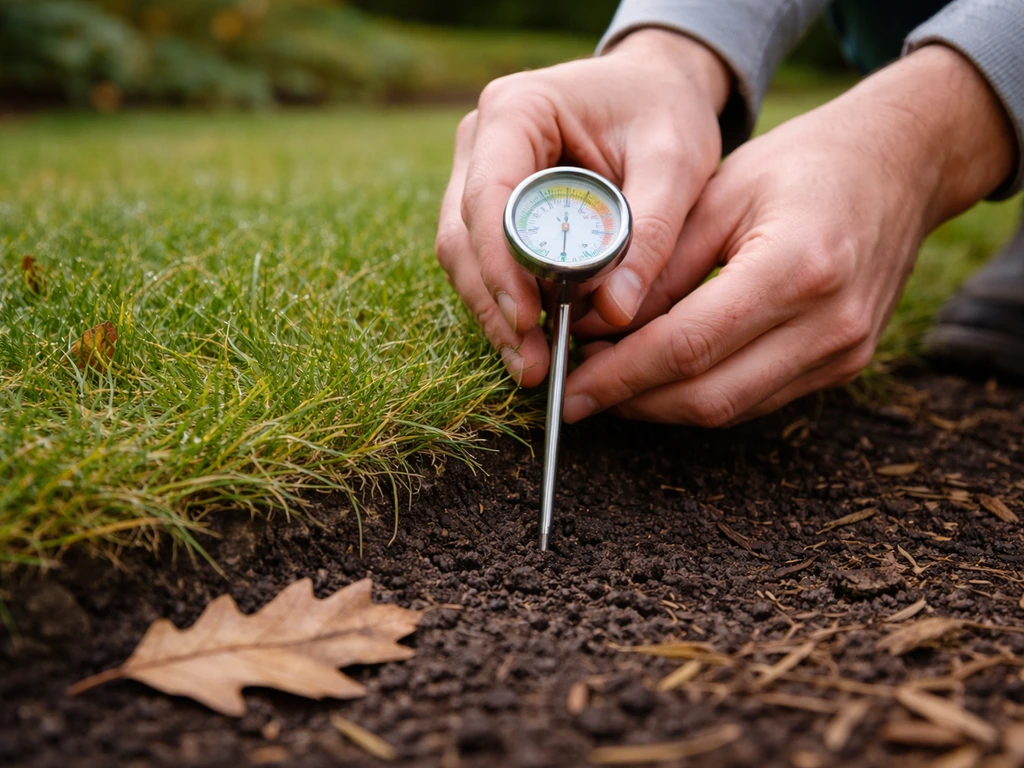 Hand plaatst een bodemthermometer in het gazon bij herfstbladeren, bij koele grond rond 10°C.