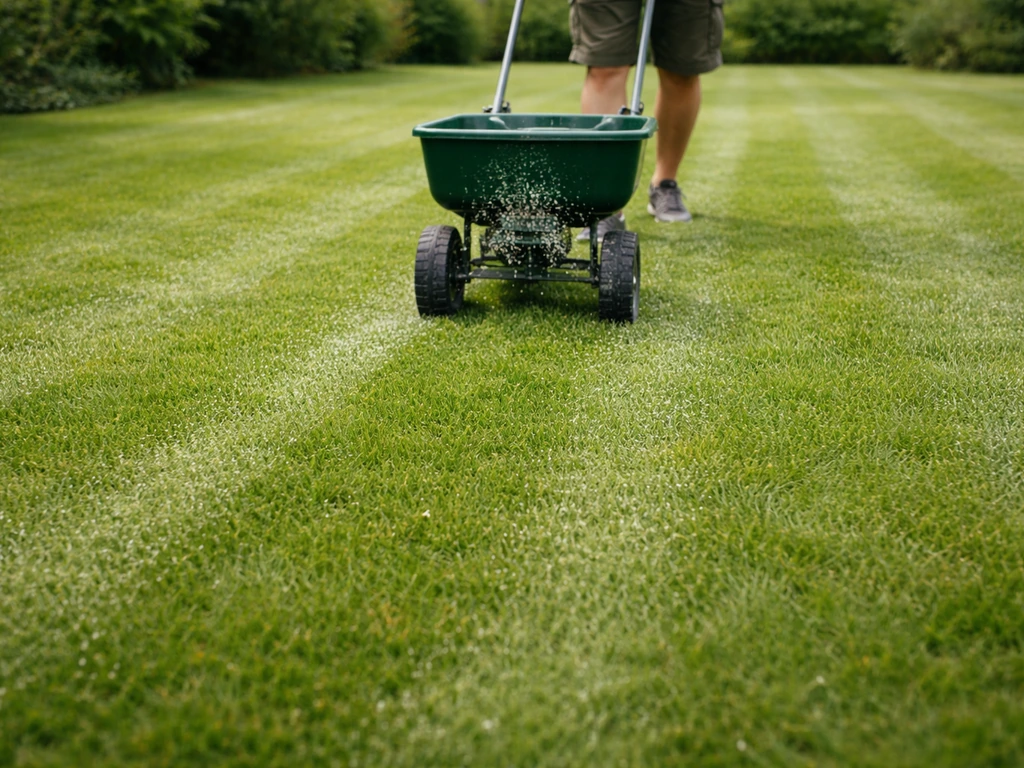Een gazon dat met najaarsmeststof wordt gestrooid met een handstrooier, gelijkmatige banen op gras.