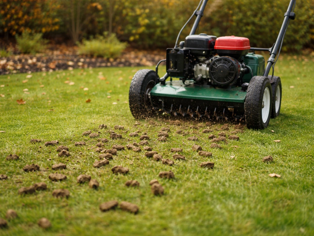 Beluchtingsmachine prikt kernen uit het gazon in de herfst, met losgekomen aarde zichtbaar.