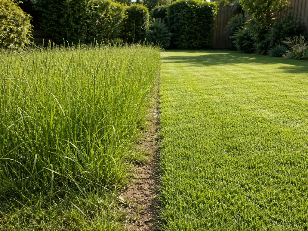 Twee stukken gazon naast elkaar: hoog gras (15–25 cm) tegenover net gemaaid gras (±3,5–4 cm).
