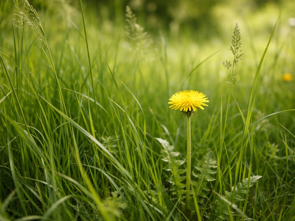Paardenbloem tussen hoog gras in mei, met focus op wilde planten die profiteren van dicht gras.