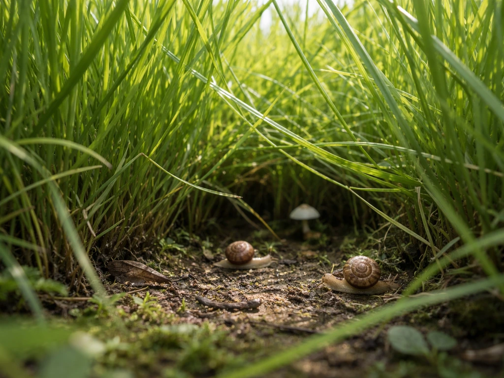 Hoog gras op een gazon met slakken/kleine fauna die onderin tussen de grassprieten schuilen.