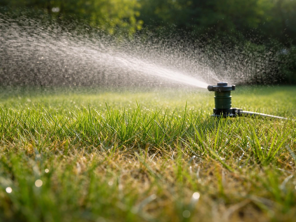 Vroege ochtend sproeien van een droog gazon; waterstraal en natte, herstelde graspolletjes zichtbaar.