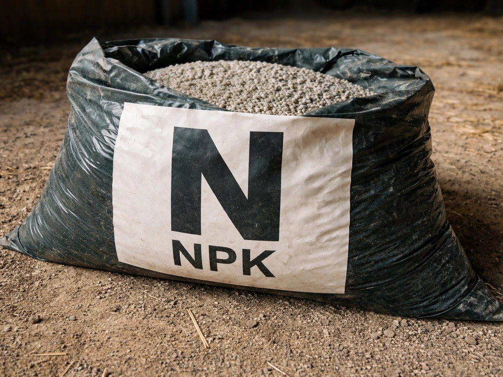 Close-up van een mestzak met NPK-waarden, waarbij de N-waarde het meest opvalt.