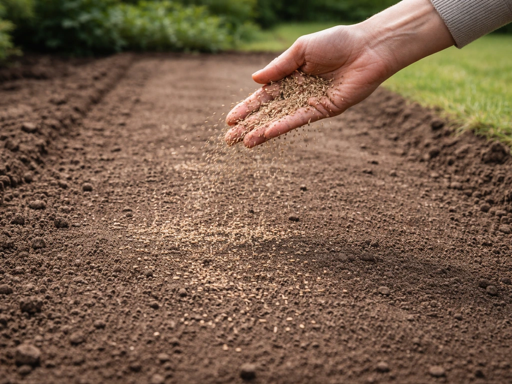 Anonieme hand strooit graszaad over een voorbereide strook grond in een tuin.