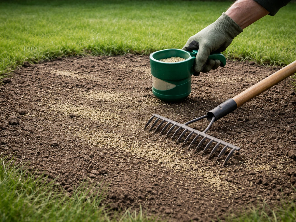 Losgeharkte kale plek in gazon met zichtbaar ingezaaid graszaad en begin van beworteling.