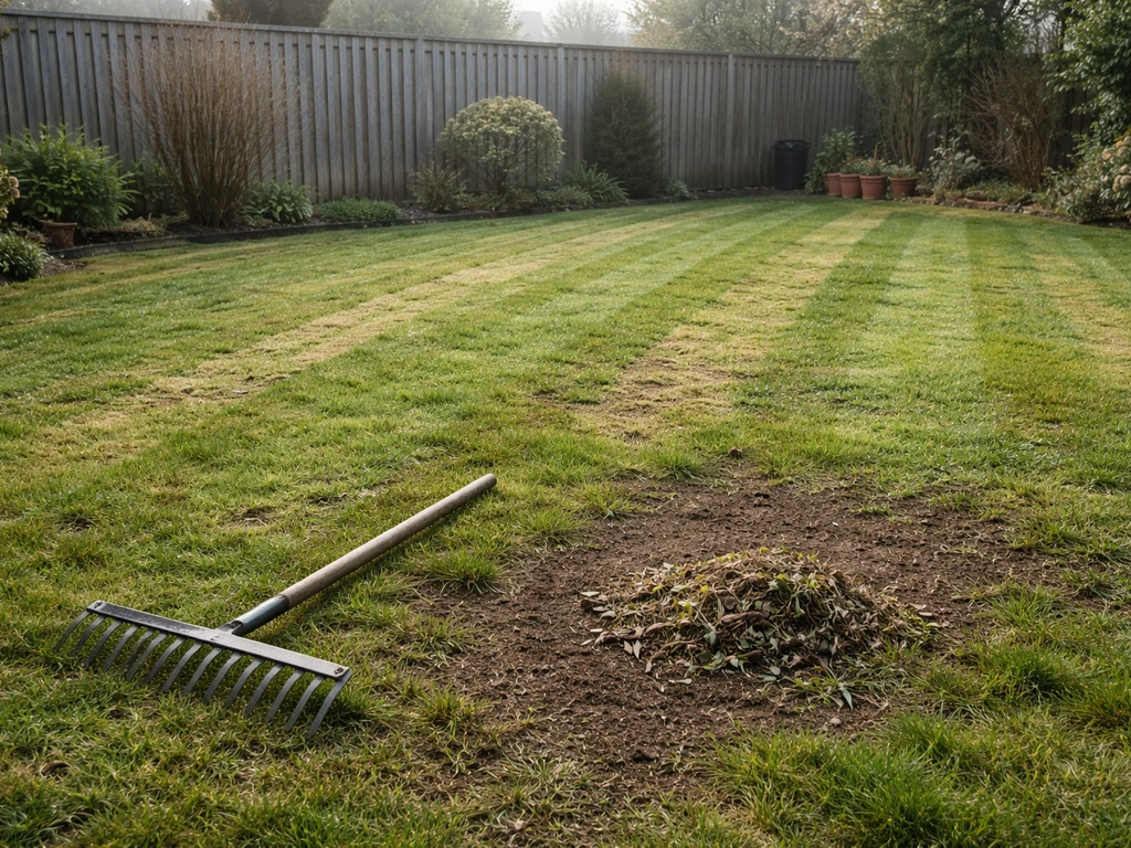 Nederlandse tuin met in bewerking zijnd voorjaarsgazon, hark en zichtbare kale plekken op de grasmat.