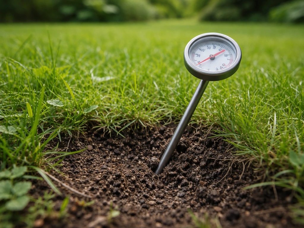 Close-up van een bodemmeter/thermometer met peilstok in het gazon, gericht op bodemtemperatuur.