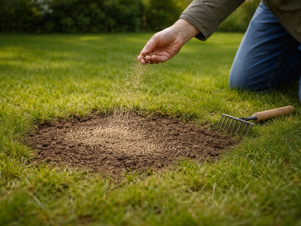 Hand strooit graszaad over een open geschraapte plek in het gazon, met een lichte laag zand erover.