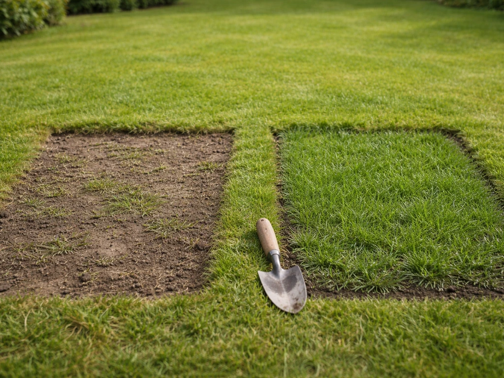 Twee naast elkaar liggende gazonplekjes: links kaal, rechts net hersteld gras met korte sprieten.