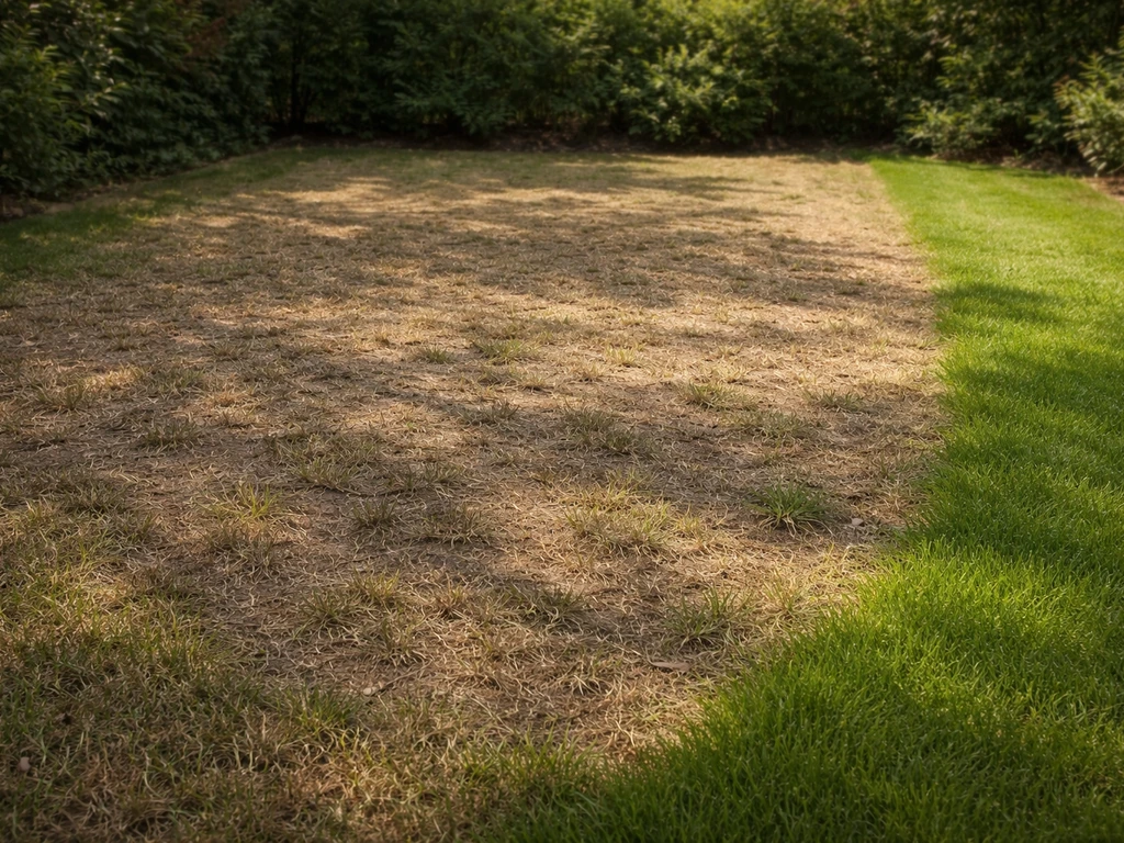 Bruin dood gras in een Nederlands gazon met een frisse groene herstelde strook
