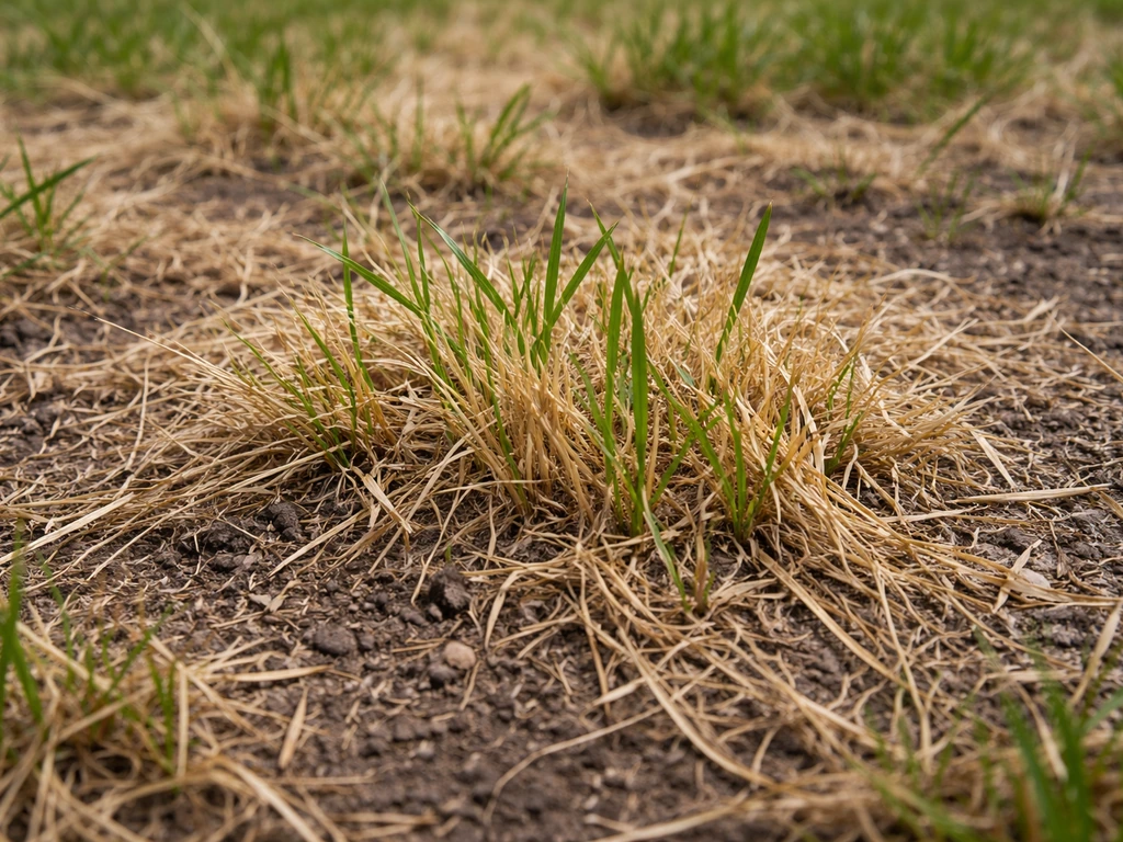 Close-up van bruin en geel dood gazongras met nog enkele levende, lichtgroene sprieten tussen de pollen.