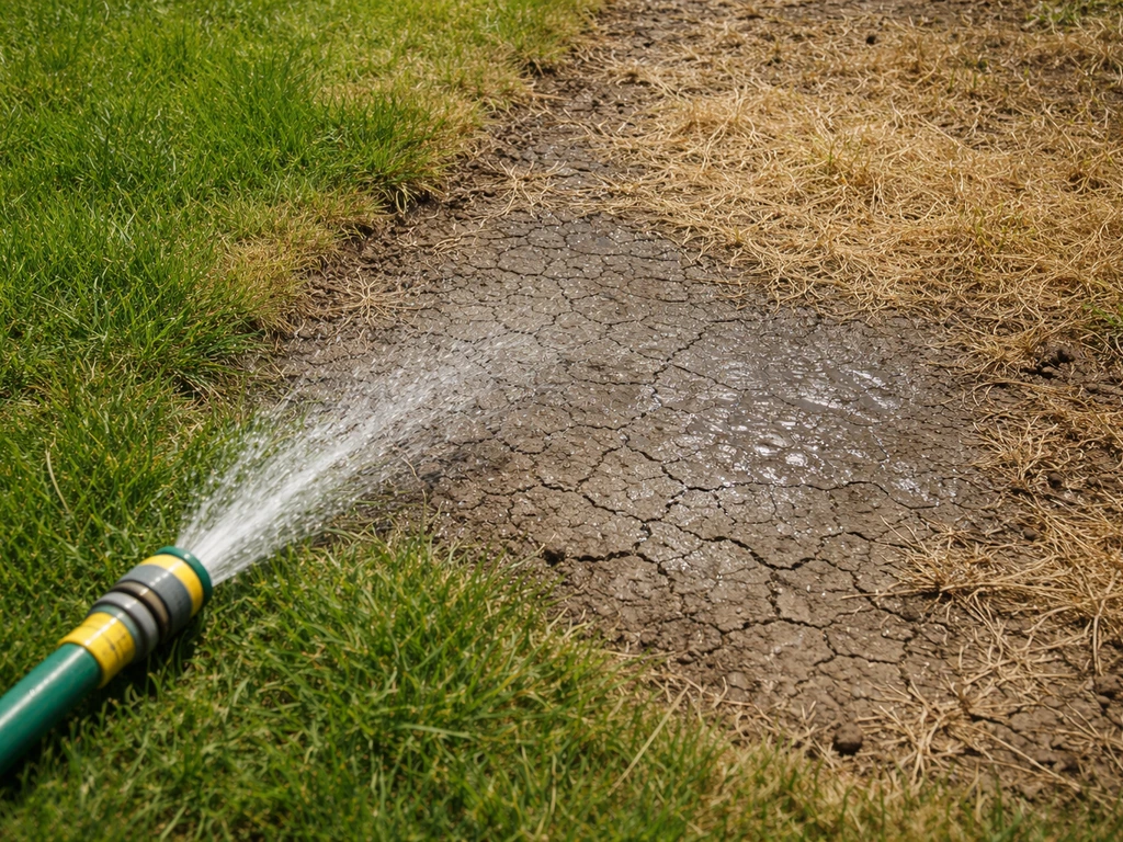 Close-up van een droge ‘dry spot’ in het gras waar water niet goed in de bodem doordringt.