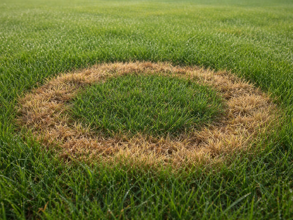 Ronde schimmelplek in het gazon met een duidelijke rand tussen gezond en aangetast gras.