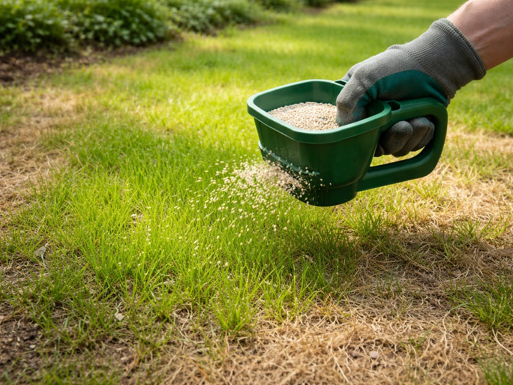 Hand strooit gazonmest over een herstelde plek met nieuw, doorstartend gras in de tuin.