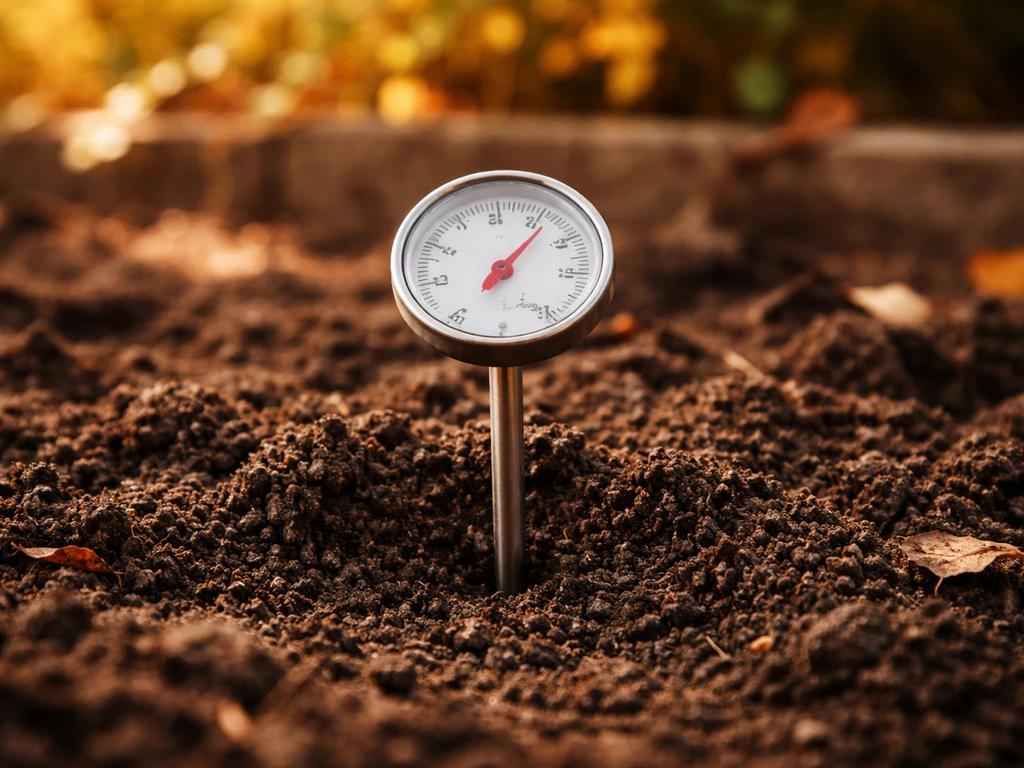 Bodemthermometer in donkere aarde op een tuinbed met warm najaarslicht, voor kiemgeschiktheid
