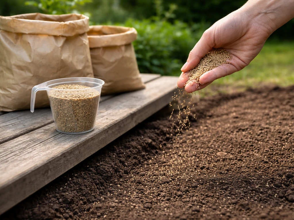 Graszaadzakken en een maatbeker; graszaad wordt direct op een zaaibed gestrooid.