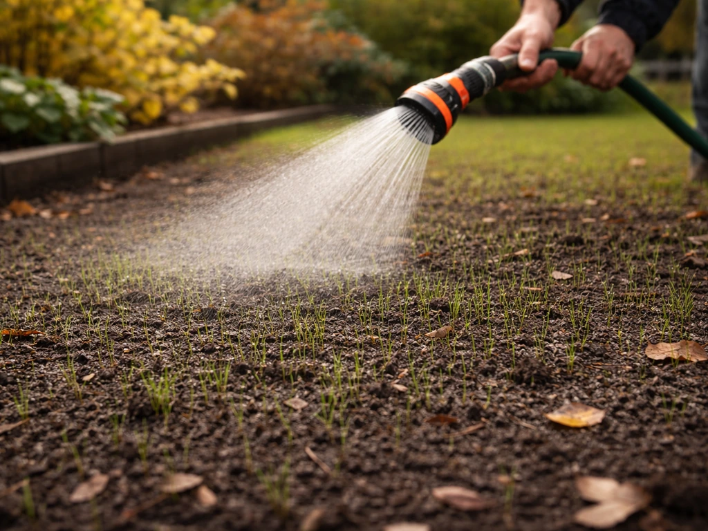 Tuinier besproeit vers gezaaid gras met een fijne sproeikop; vochtige grond en herfstlicht.