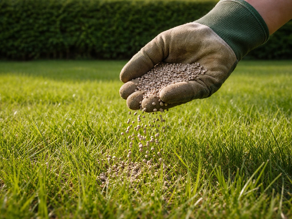 Anonieme hand strooit korrelige gazonmest op groen gras, met eenvoudige tuin als achtergrond.