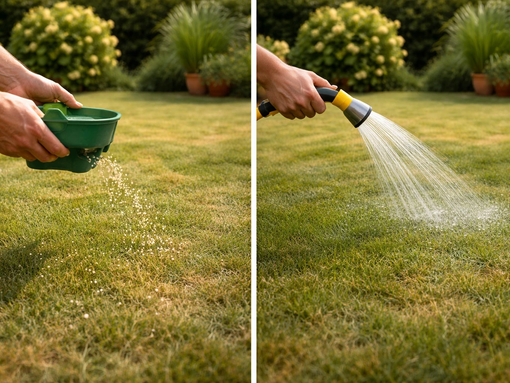 Anonieme handen strooien slow-release mestkorrels op een gazon, direct gevolgd door water geven.