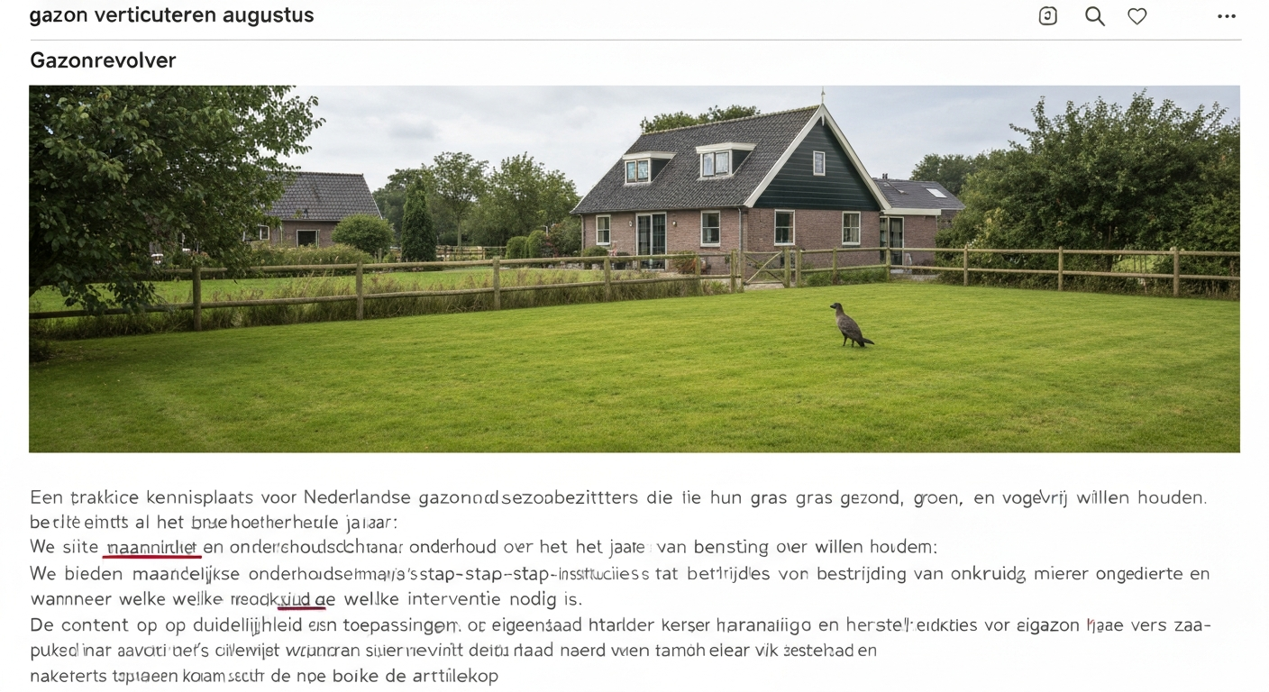 Overzicht van een Nederlands gazon in augustus na verticuteren en bijzaaien, met tuinwals aan de rand