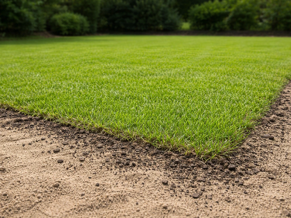 Frisse, gelijkmatige grasmat op zandgrond met zichtbaar bewerkte toplaag en compost in de omgeving